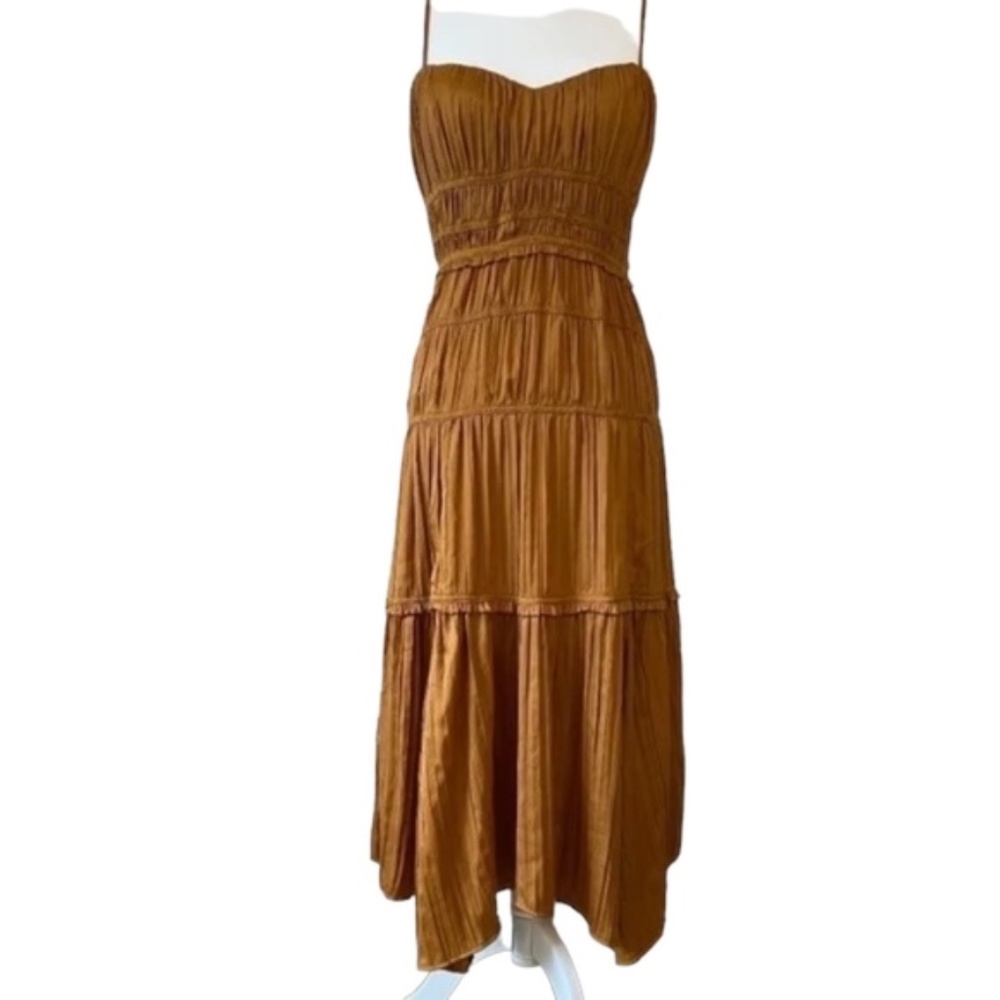 Anthropologie Silky Tiered Midi Dress Bronze / Orange NWOT